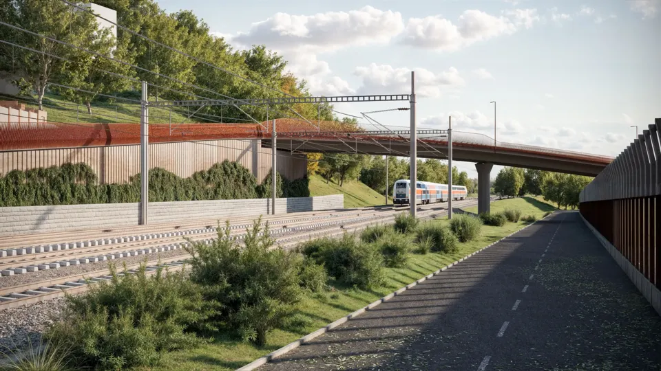 Vizualizace železniční trati s protihlukovou stěnou a cyklostezkou