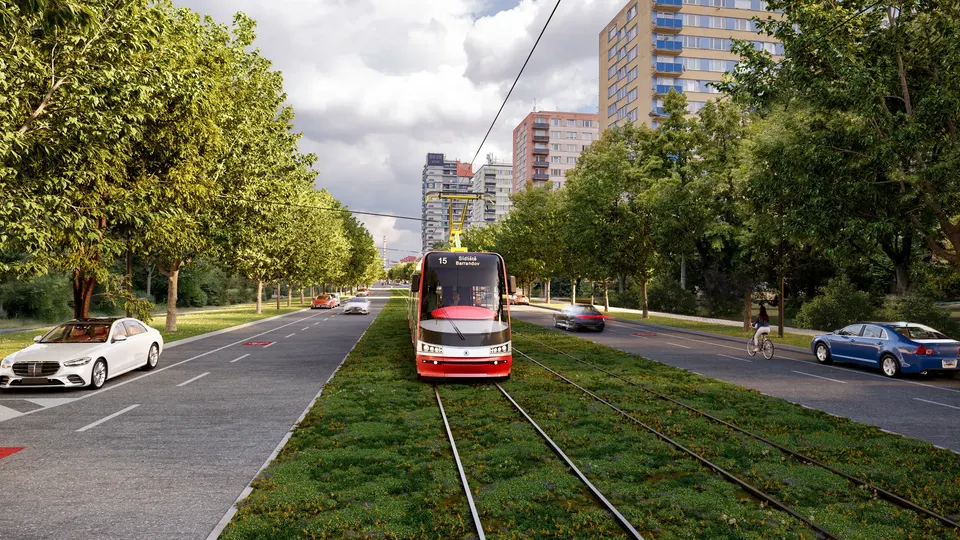 Vizualizace tramvajové trati na zatravněném tělese