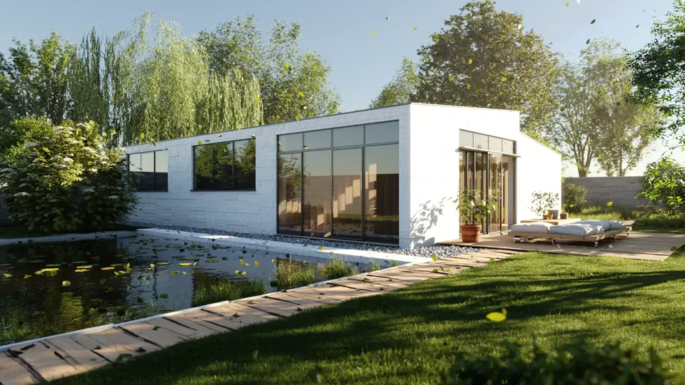 Přízemní dům s jezírkem – exteriérová vizualizace