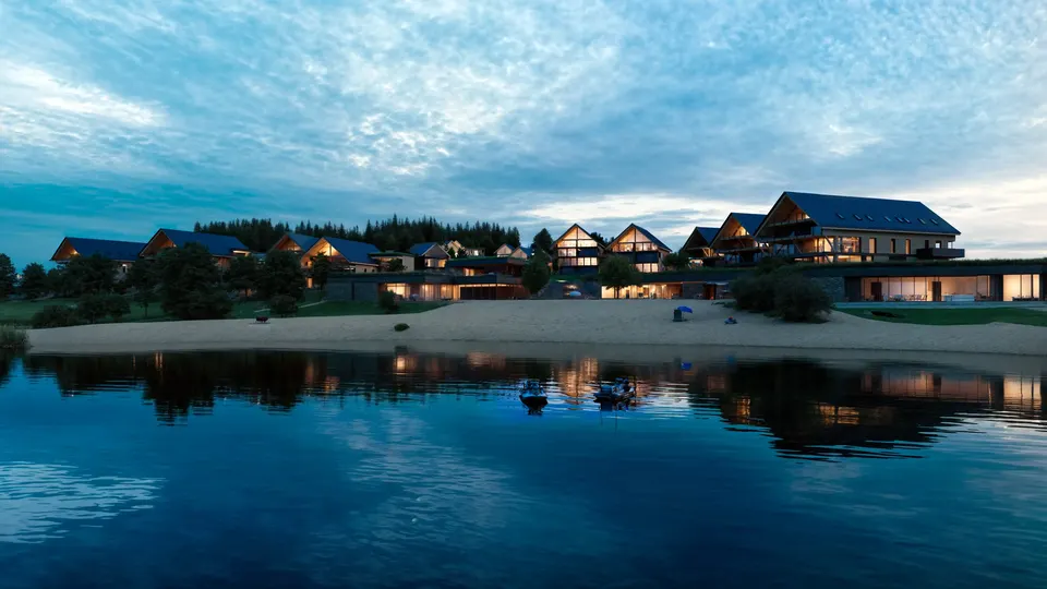 Rezidenční resort u jezera za soumraku